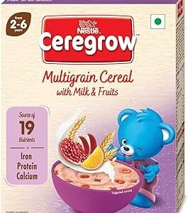 CEREGROW Multigrain Milk & Fruits Cereal | With Iron, Protein, Calcium | 19 Nutrients | 300g, Bag-in-box Pack (Package May Vary)