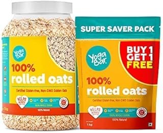 Yogabar 100% Rolled Oats 2kg Combo, 1kg Jar + 1kg Pouch | Gluten-Free, High-Fibre Wholegrain Oats | Nutritious Breakfast Cereal, Easy-to-Cook