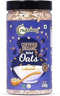 Nutriorg 100% Organic Rolled Oats 400gm | Gluten Free | High protein | Weight loss | Fibre Rich | Easy to Cook | Overnight Oats | Nutritional Breakfast Cereal Oats | Air Tight Plastic Jars