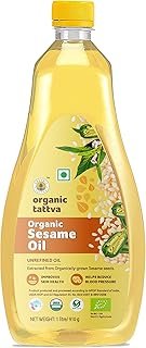 Organic Tattva, Organic Sesame Oil, 1 Litre | Unrefined Safed Til Ka Tel | Cholesterol and Tran Fat Free| 100% Organic | Pesticide and Chemical Free | Pure and Unadulterated | Double Filtered | Expeller-Pressed | Pack of 1