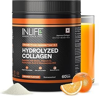 INLIFE Japanese Hydrolyzed Collagen Peptides Powder Clinically Proven Ingredient, Type 1 & 3, Skin Health, Bone Health Supplement for Men & Women (Orange 60g)